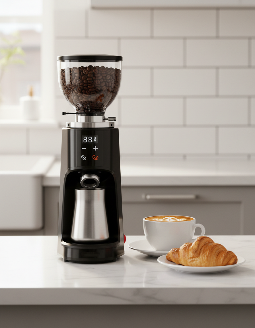 Shardor premium 64mm flat burr coffee grinder on a kitchen counter with a cup of coffee and croissant.