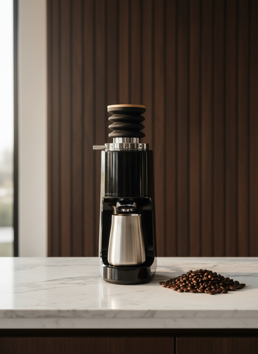 PREMIUM COFFEE GRINDER SHARDOR PROFESSIONAL 64MM FLAT BURR WITH SINGLE DOSE BELLOWS HOPPER IN MODERN KITCHEN