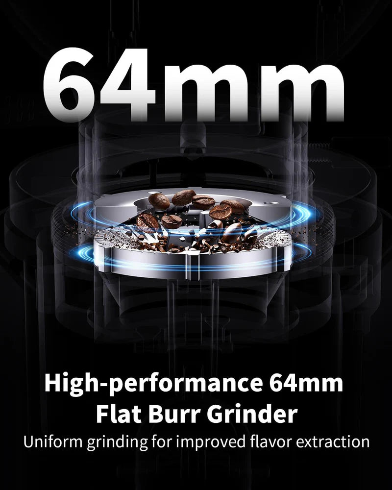 High-performance 64mm flat burr grinder with coffee beans on a dark background