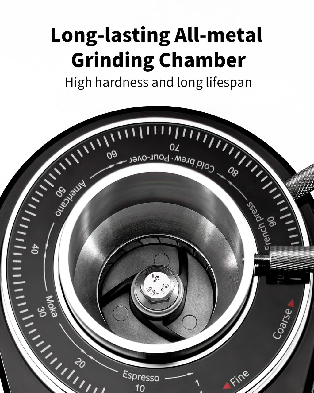 Close-up of a Shardor  premium 64mm flat burr coffee grinder coffee grinder with text highlighting its long-lasting all-metal grinding chamber.