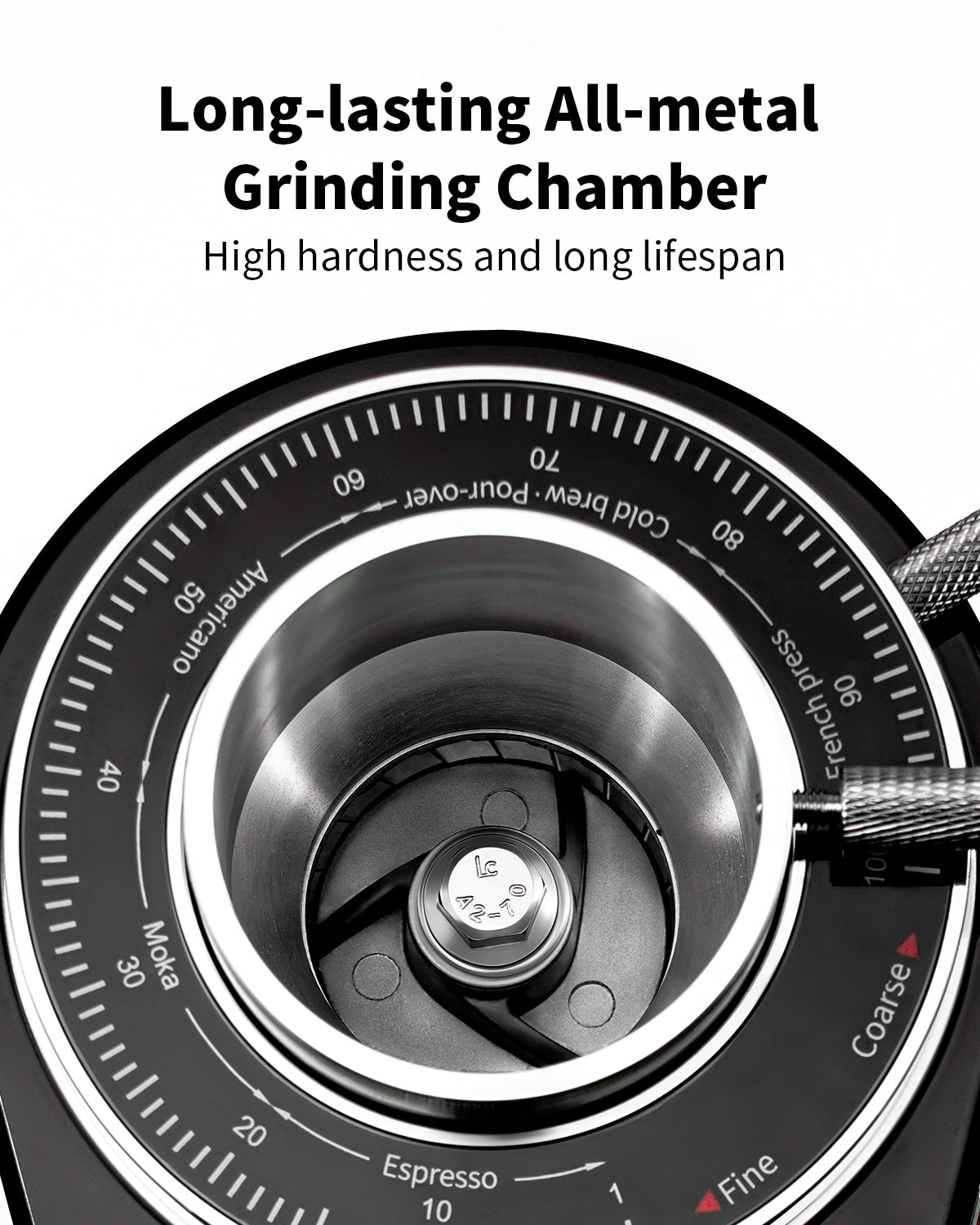 Close-up of a Shardor  premium 64mm flat burr coffee grinder coffee grinder with text highlighting its long-lasting all-metal grinding chamber.
