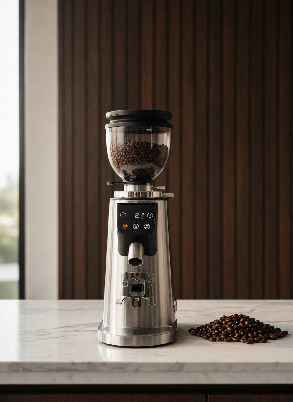 A stainless steel 64mm flat burr coffee grinder filled with dark roasted coffee beans sits on a light marble countertop, with a small pile of loose coffee beans beside it and a dark wood-paneled wall in the background.