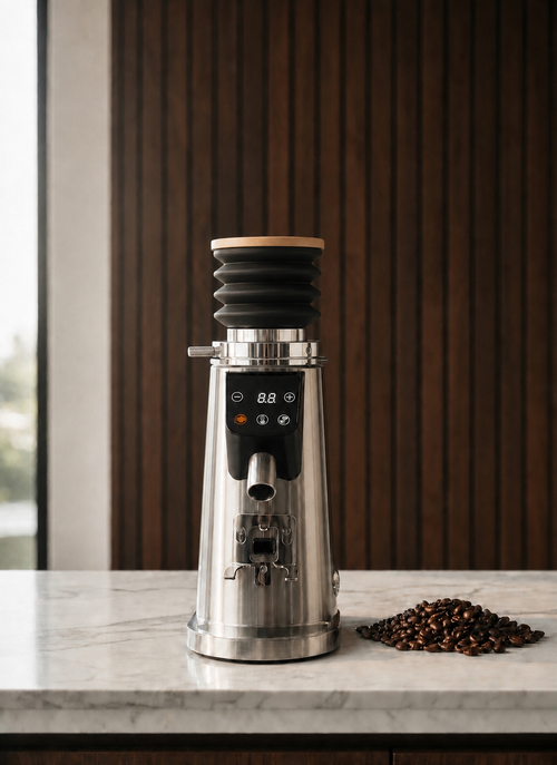The mokkom 64mm coffee grinder with a digital display and single-dose bellows hopper sits on a light marble countertop, with roasted coffee beans placed beside it against a dark wood-paneled background.