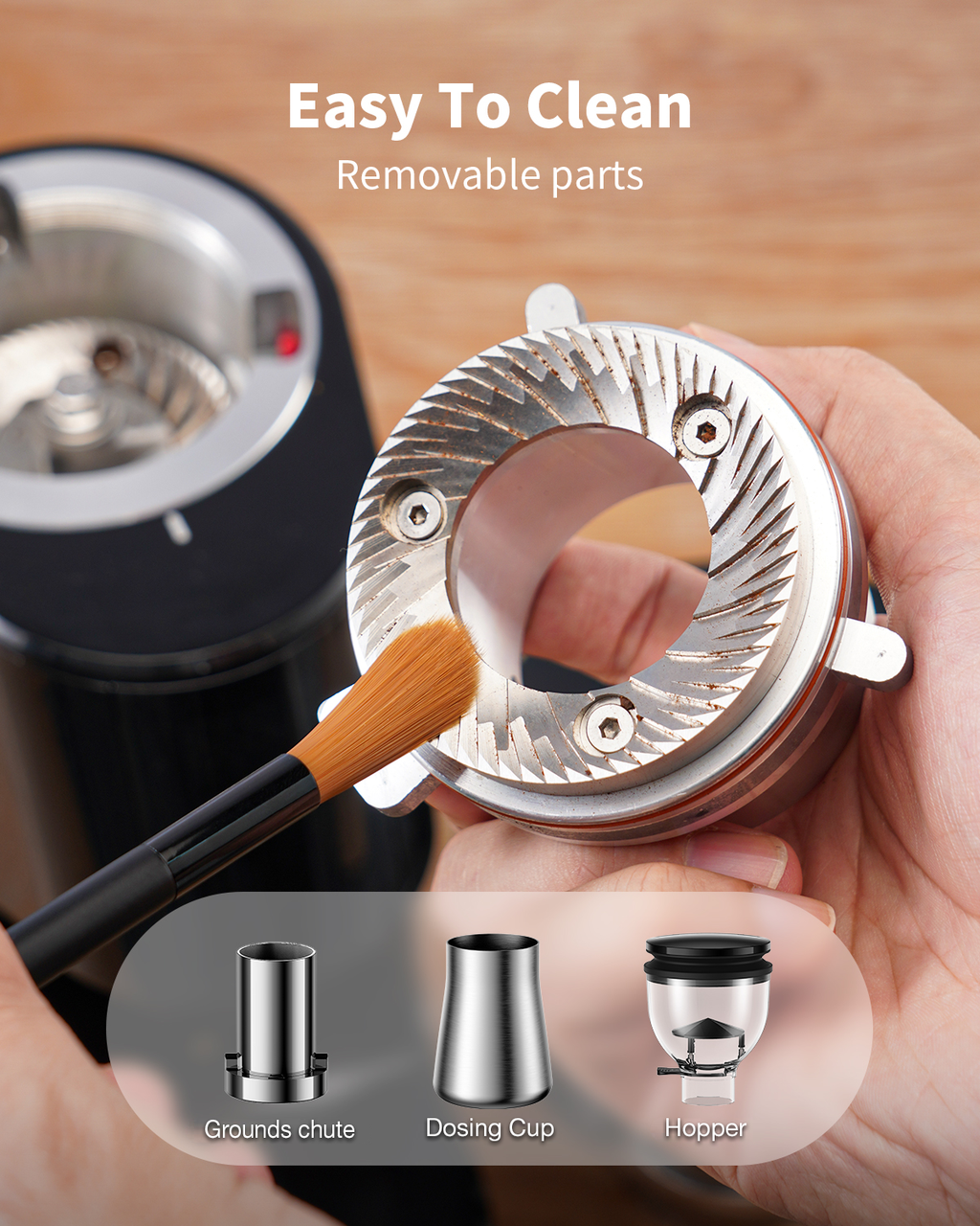 Shardor professional grade Coffee grinder with removable parts being cleaned by a brush, highlighting 'Easy To Clean' feature.