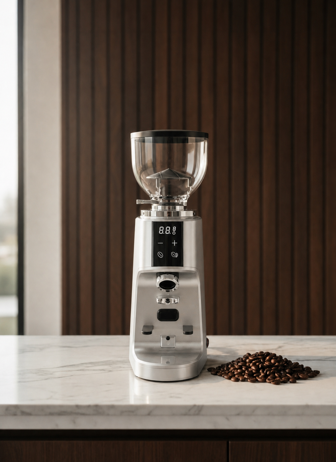 A silver electric coffee grinder with a clear hopper and digital display sits on a white marble countertop, with roasted coffee beans placed beside it against a dark wood-paneled background.